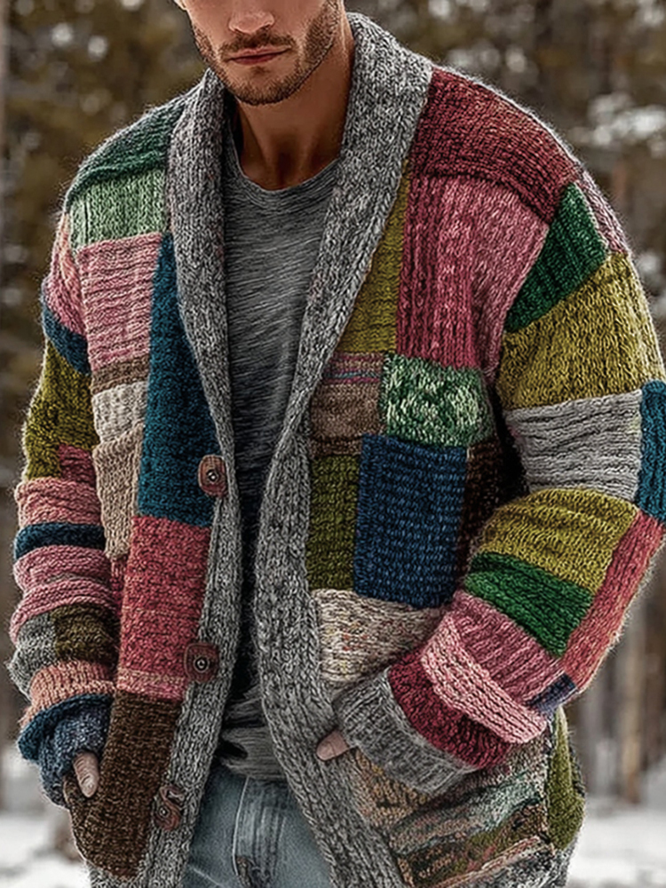 menweary Men's Vintage Color Geometric Block Art Comfort Knit Button Sweater