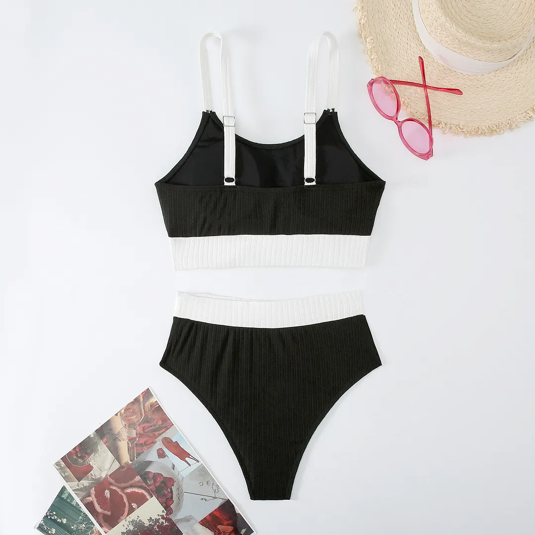 Brownm 2025 New Solid Color Sling Belt Split High-Rise Triangle Lady Sexy Hot Spring Bikini Swimsuit