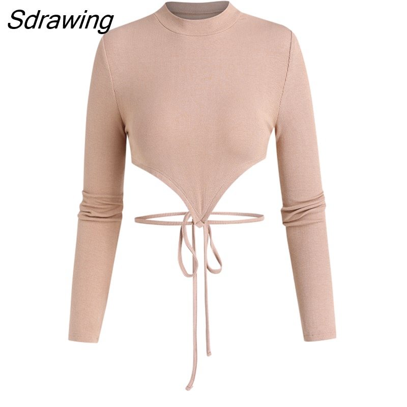 Sdrawing Long Sleeve Mock Neck Ribbed Cropped Tee Asymmetric Crop Top High Stretch T Shirts Basic Pullovers Fall Y2K