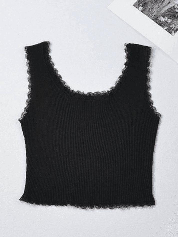Brownm Lace Trim Crop Knit Tank Top