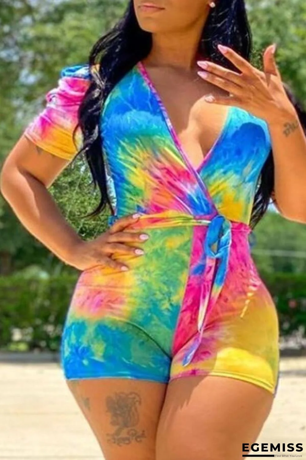 multicolor Fashion Casual Print Tie-dyed Short Sleeve V Neck Jumpsuits | EGEMISS