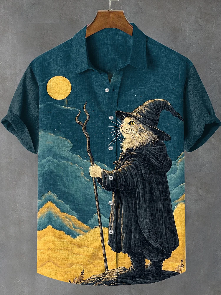 Men's Mysterious Starry Night Cat Witch Print Short Sleeve Shirt