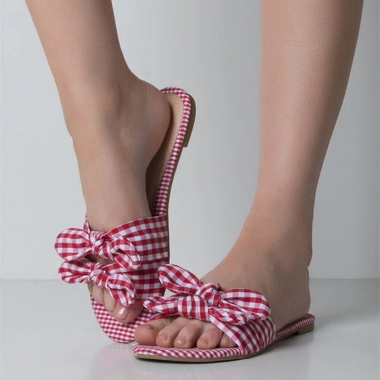 Red and White Plaid Women's Slide Sandals Open Toe Flat Bow Sandals |FSJ Shoes