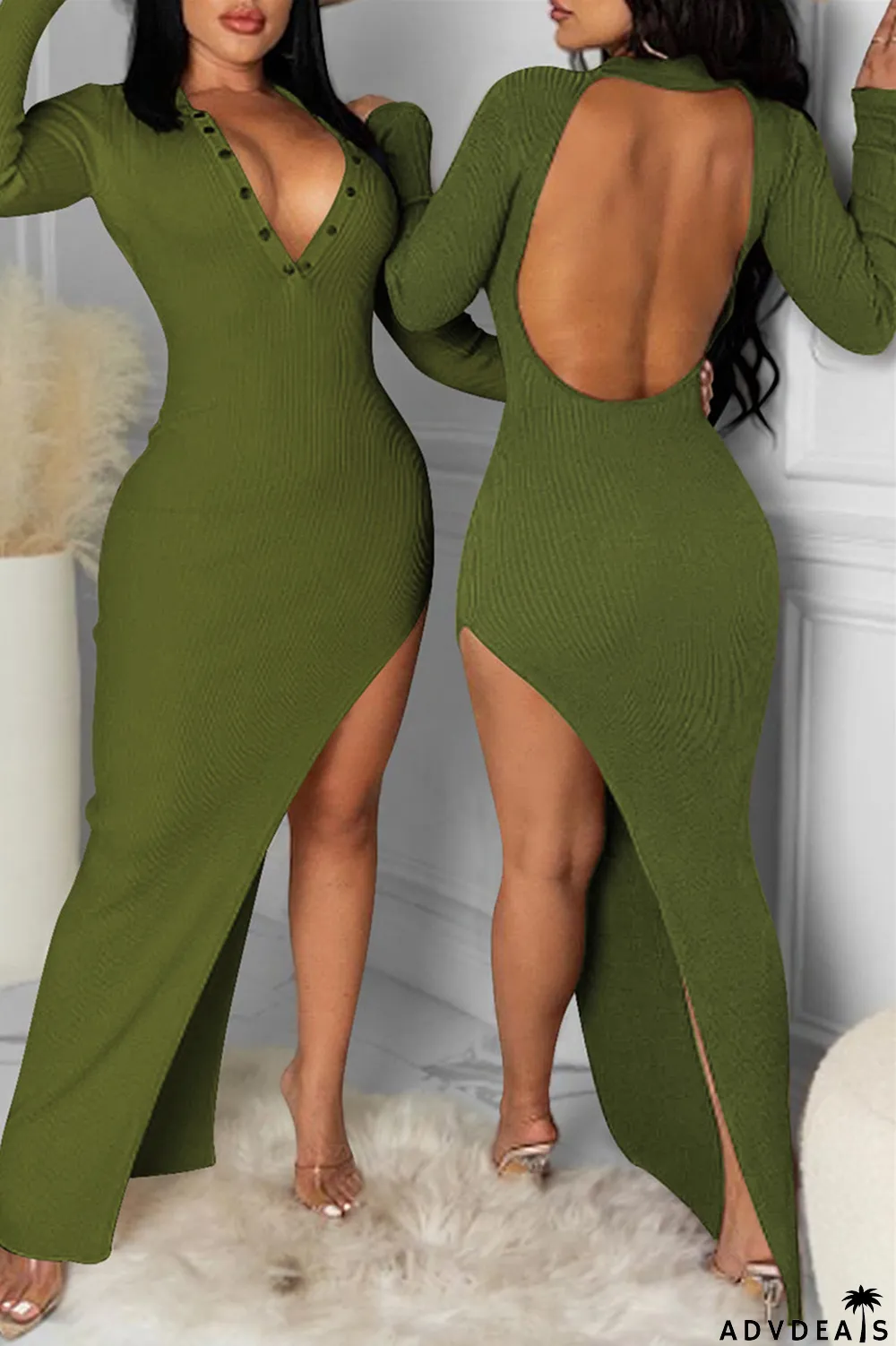 Brown Fashion Sexy Solid Backless V Neck Long Sleeve Dresses