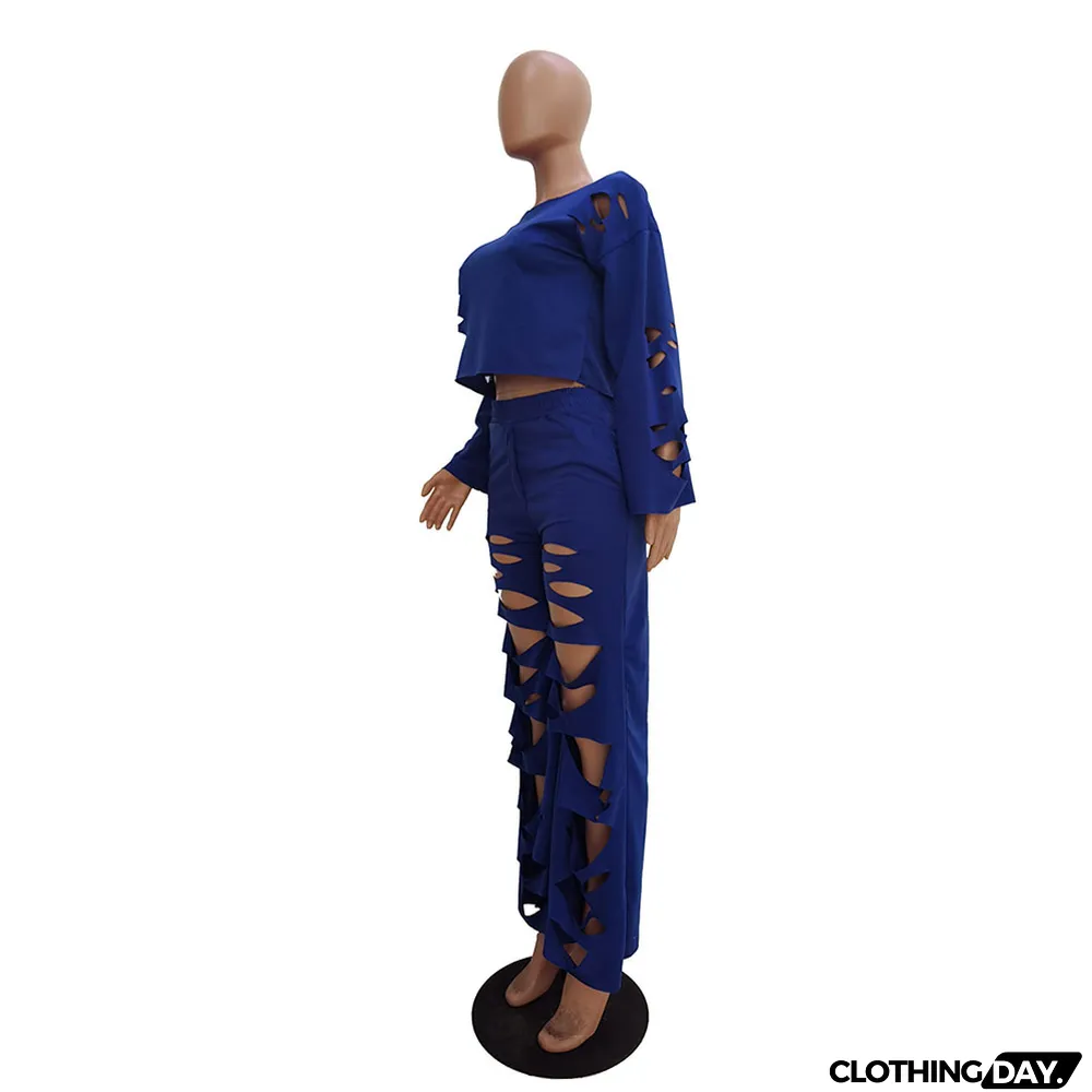 Casual Solid Color Ripped Flared Pants Suit