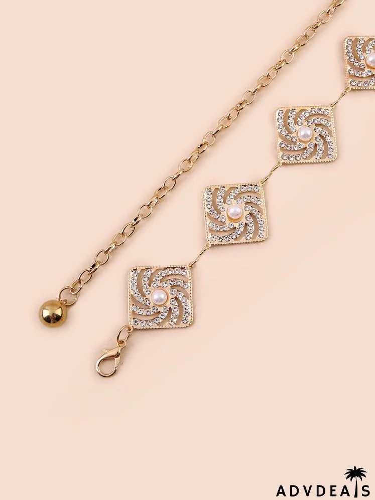 Faux Pearl & Rhinestone Decor Geometric Chain Belt