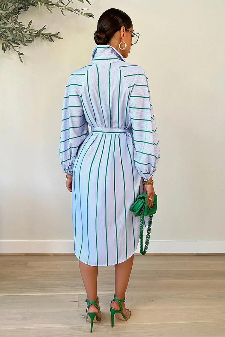 Striped Print Lantern Sleeve Tie Belt Colorblock Midi Shirt Dresses-Pink