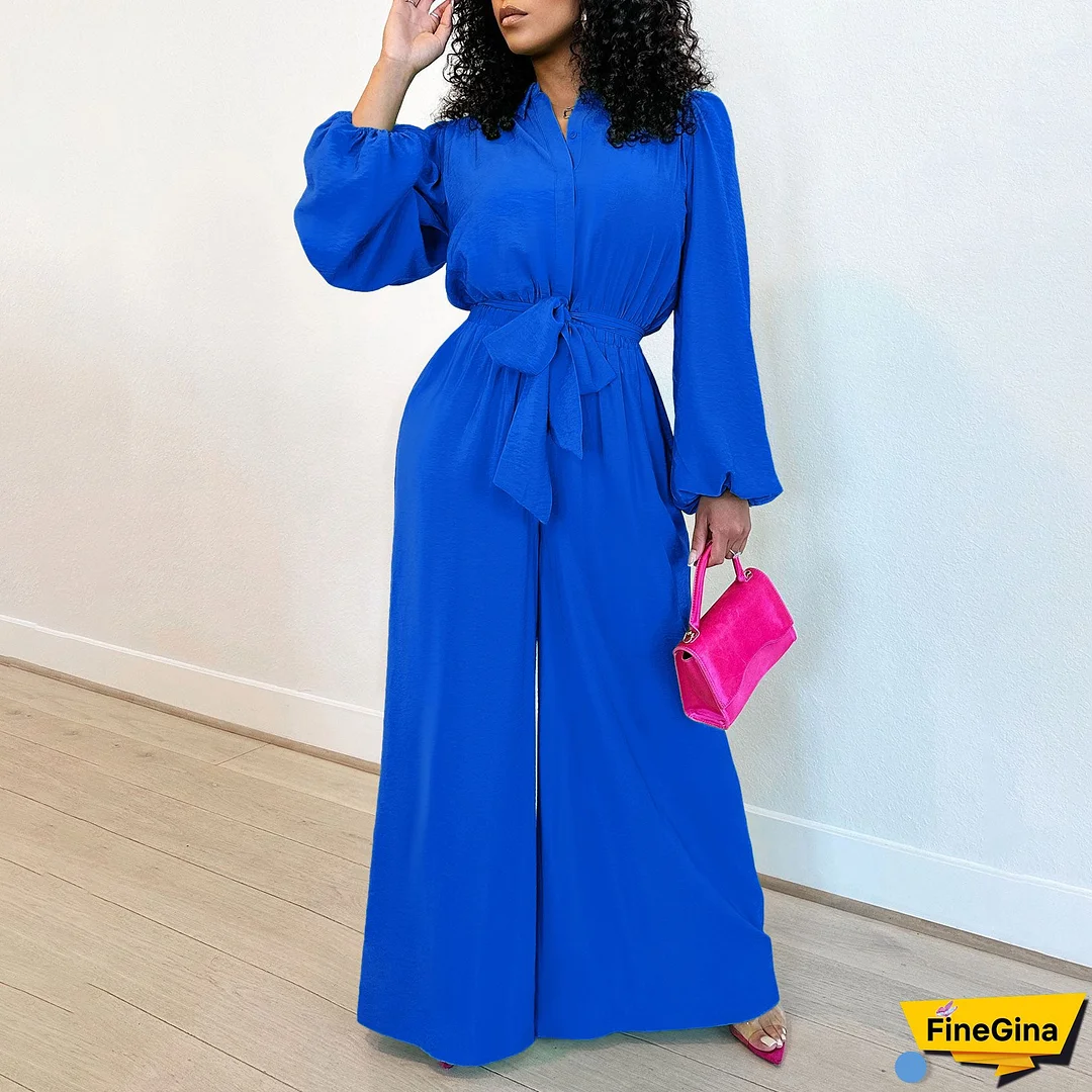 Women's Fashion Long Sleeve Solid Color High Waist Plus Size Loose Casual Jumpsuit