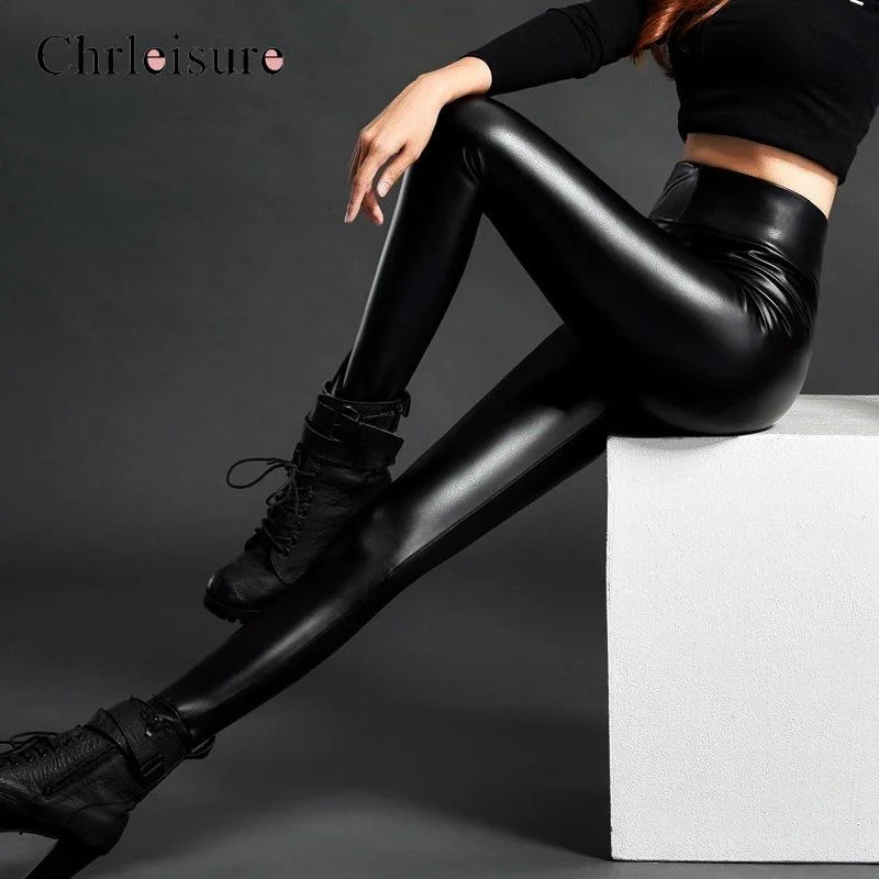 CHRLEISURE Warm Leather Leggings Women Autumn Winter Black Thick Pu Leather Leggings Thin Fashion High Waist Push Up Leggings