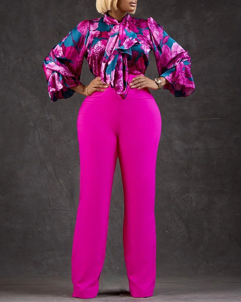 Printed long-sleeved shirt and wide-leg pants two-piece set