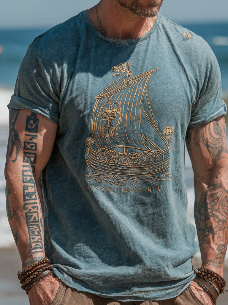 Men's Vintage Coastal Linen T-Shirt –  Gold Drakkar & Runes / Rvogue / Rvogue