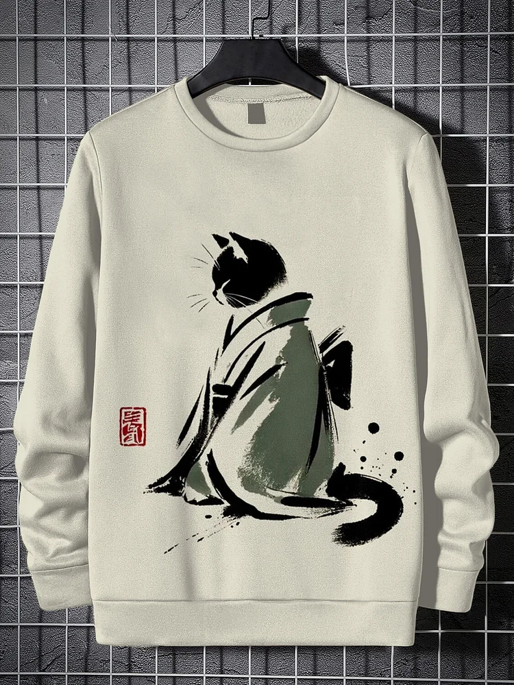 Men's Ink Art Japanese Kimono Cat Print Casual Sweatshirt