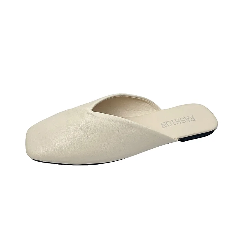 Women Mules 2021 Summer Elegant Square Closed Toe Flat Slippers Female Shoes Casual Leather Black White Slides Plus Size 35-43