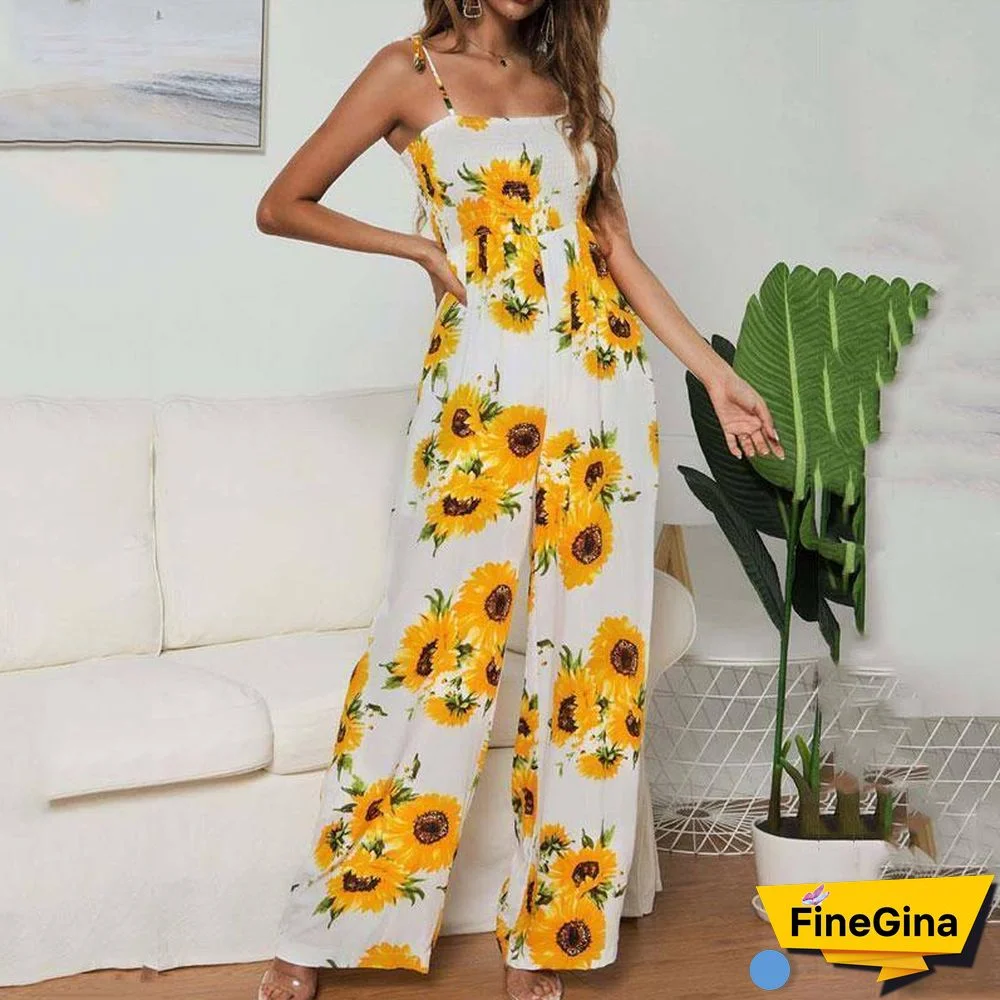 Summer Sexy Sunflower Jumpsuit Sleeveless Long Jumpsuit Female Wide Leg Jumpsuit Elegant Floral Romper Overalls For Women