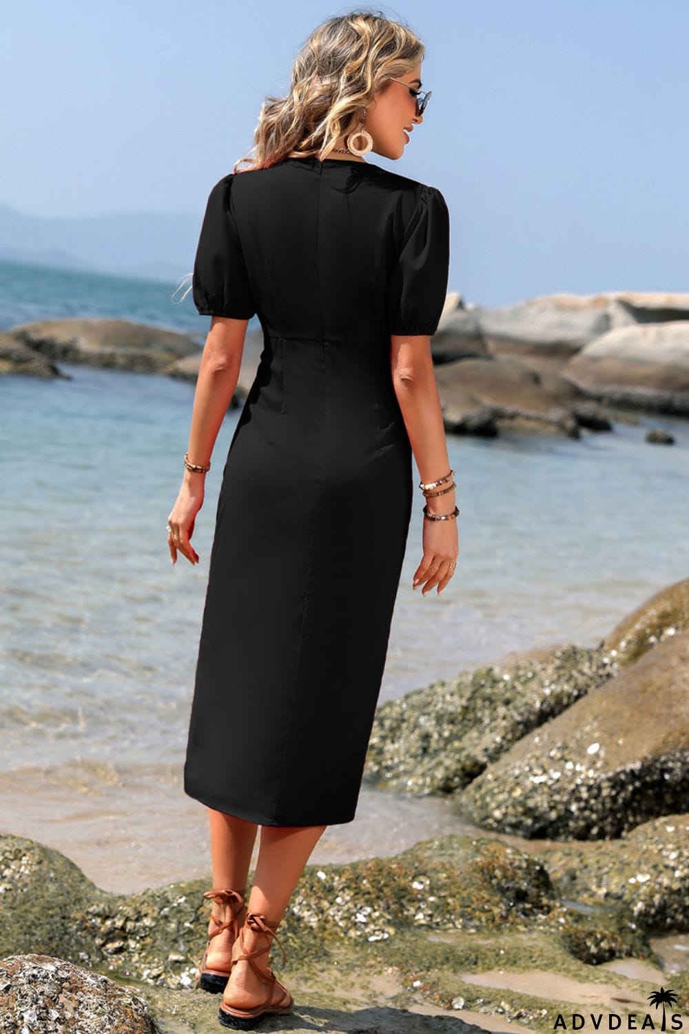 Surplice Neck Ruched Puff Sleeve Dress