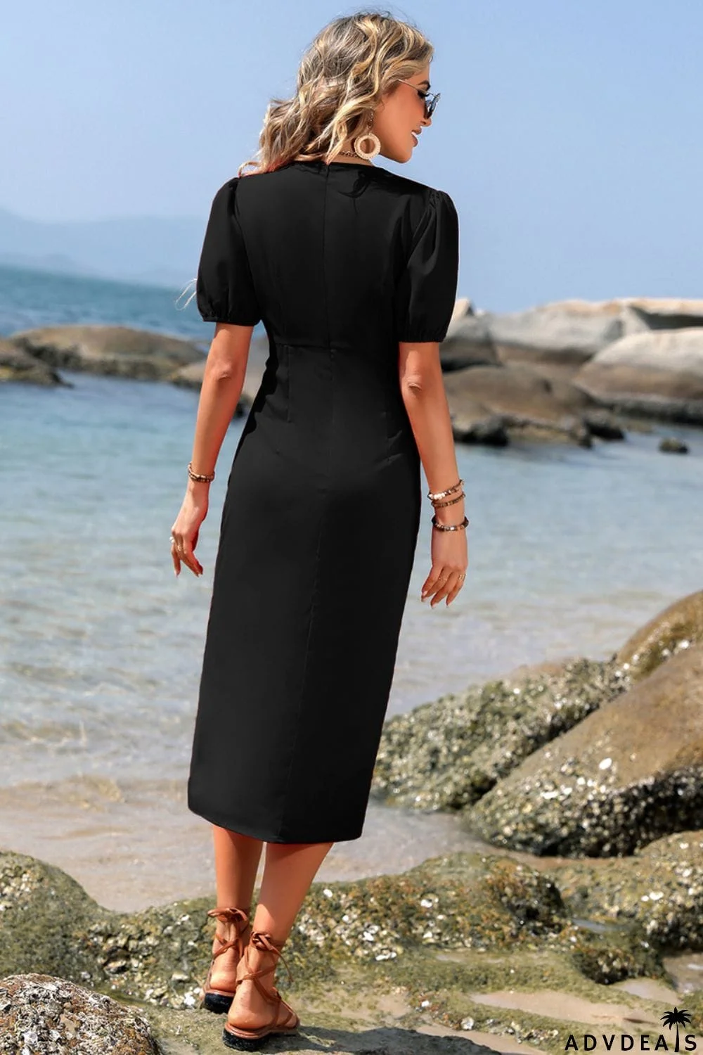 Surplice Neck Ruched Puff Sleeve Dress