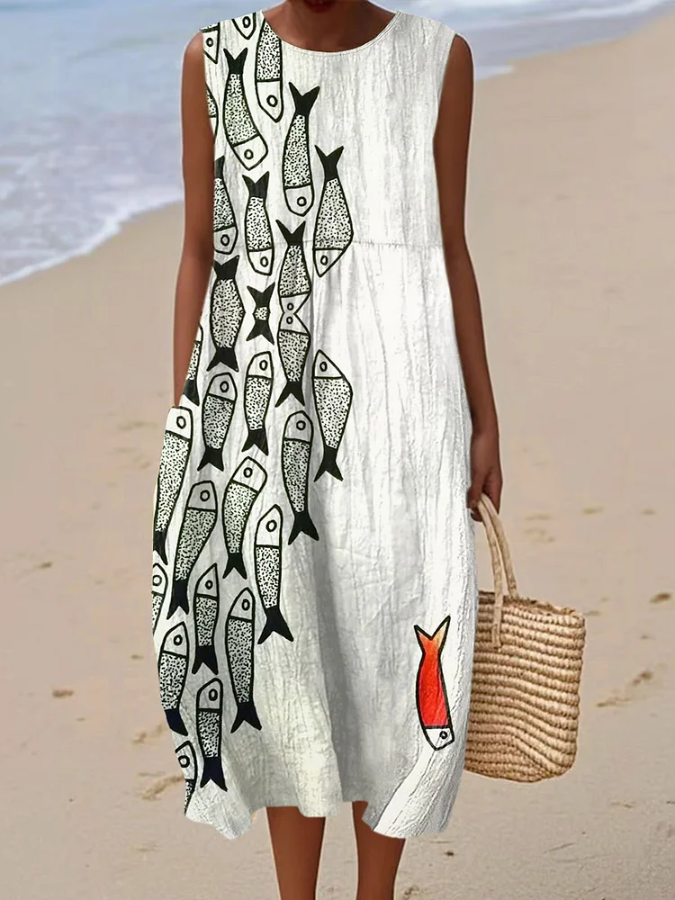 Women's Vintage Fish Art Print Sleeveless Cotton Pocket Wrap Dress