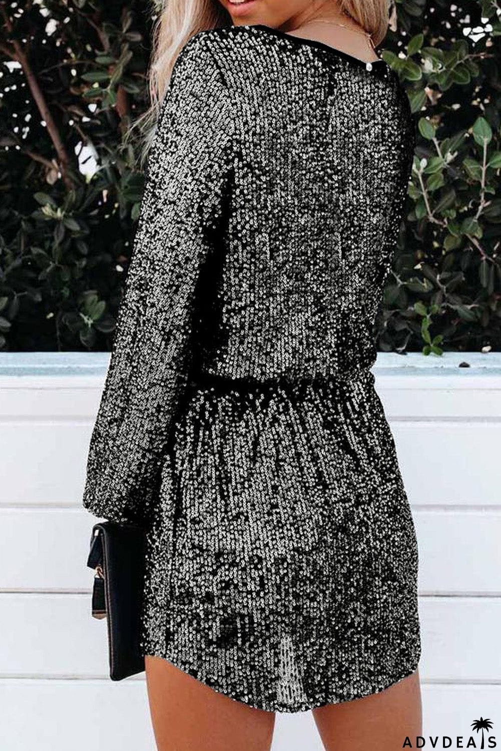 Wine Red Loose Long Sleeve Sequin Dress with Sash