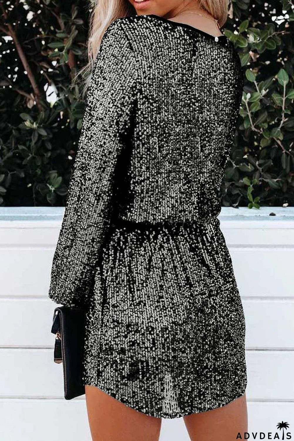 Wine Red Loose Long Sleeve Sequin Dress with Sash