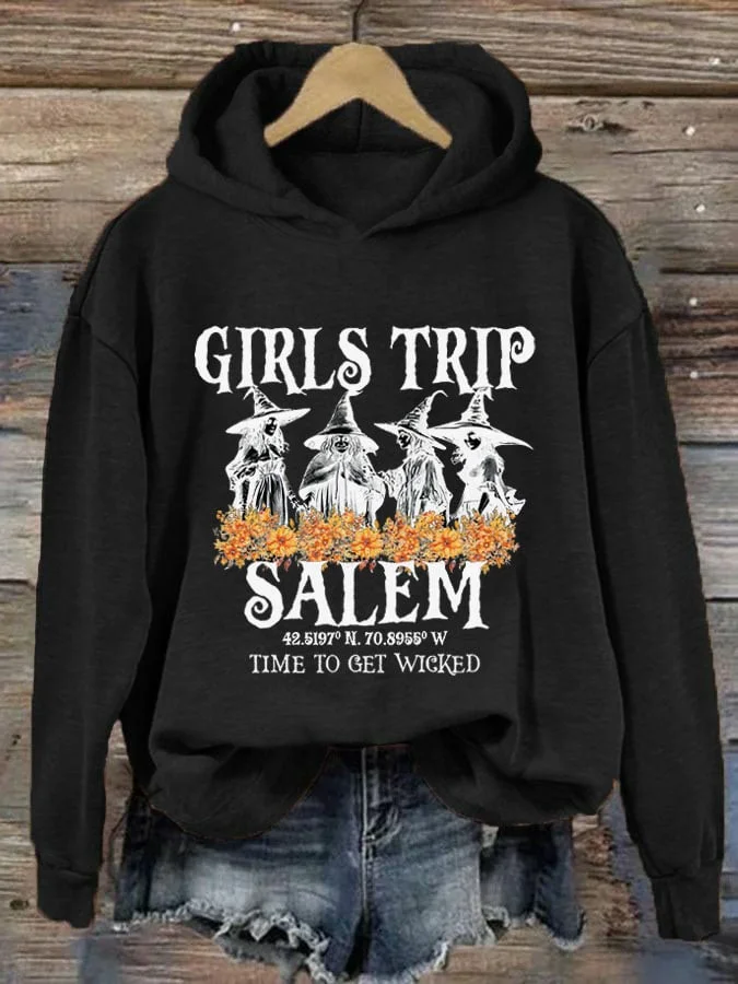 Women's Girl's Trip Salem Time To Get Wicked Halloween Print Hoodie