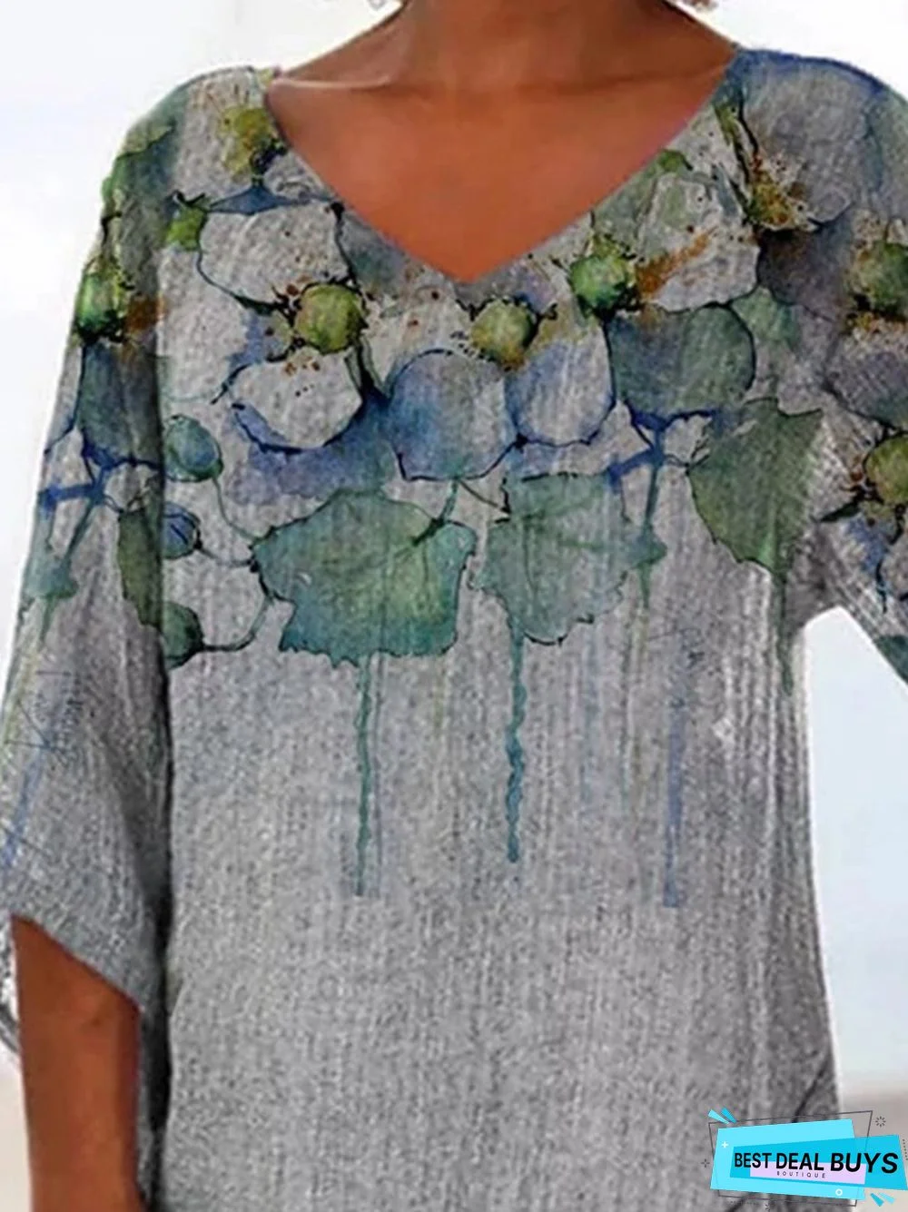 3/4 Sleeve V Neck Printed Casual Tops