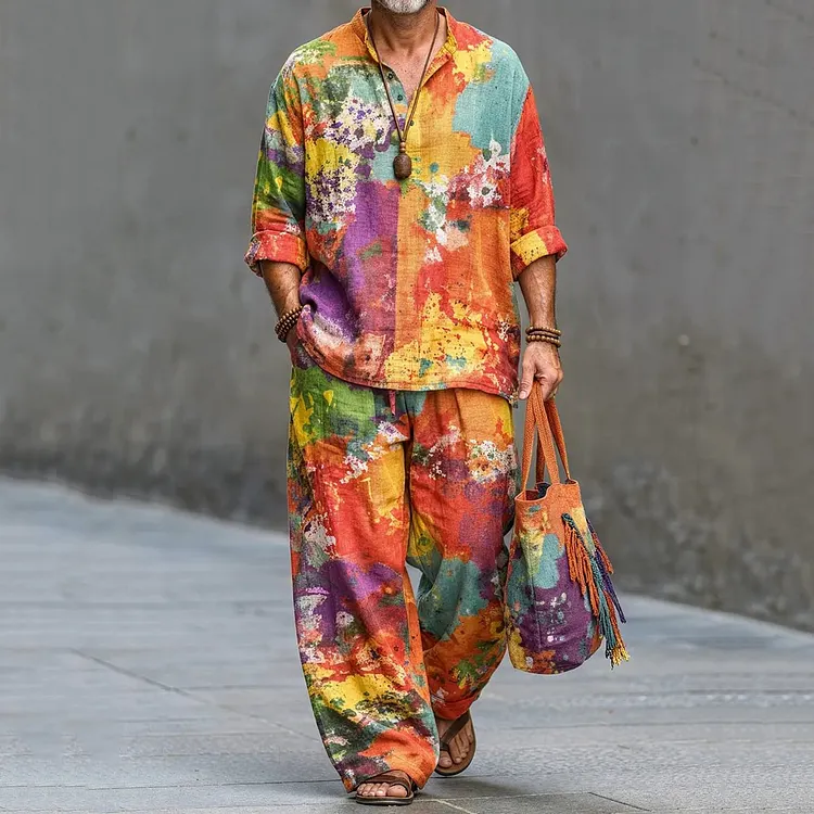 Men's Retro Abstract Art Shirt And Pants Two Piece Set