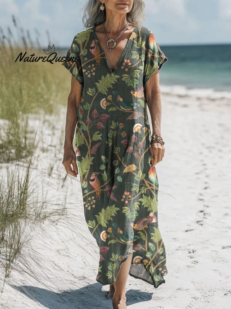 Women's Vintage Colorful Flower Art Print Pocket Cotton Dress