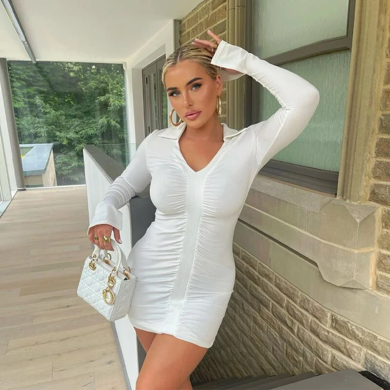 Hugcitar 2021 Solid Pleated Polo Neck Long Sleeves Mini Dress Summer Autumn Women Fashion Streetwear Y2K Elegant Wear