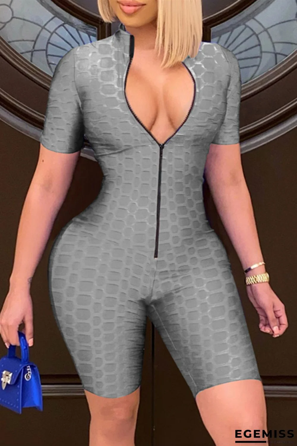 Grey Fashion Casual Solid Basic Zipper Collar Skinny Romper | EGEMISS