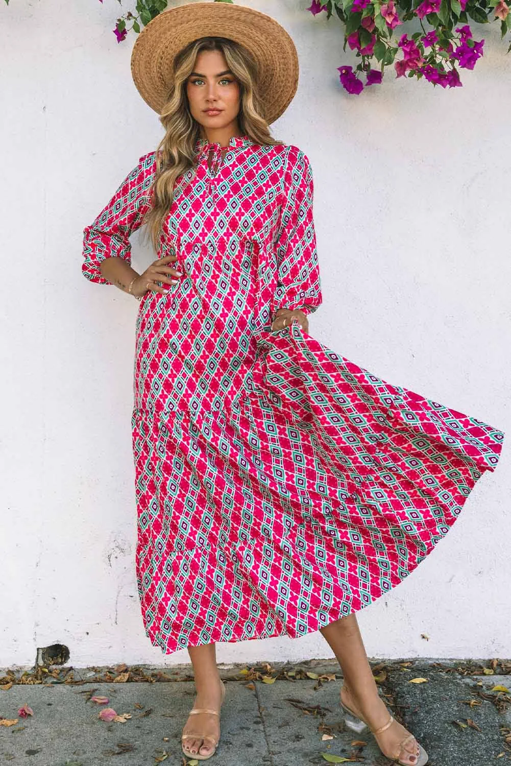 Rose Bohemian Geometry Print 3/4 Puff Sleeve Dress | IFYHOME