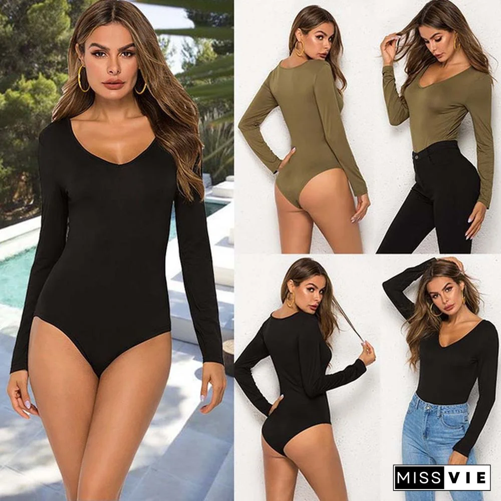 Women's Fashion Sexy black Army green Bodysuit Women Long Sleeve Jumpsuit Leotard Bottoming Tops Shirts