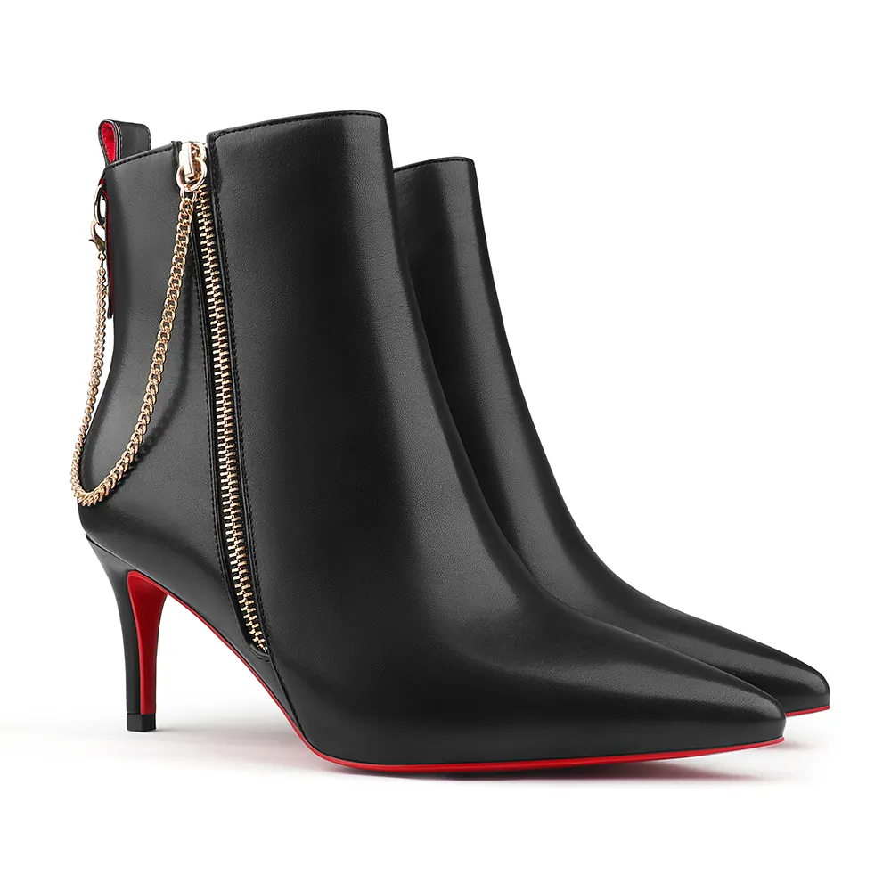 60mm Women's Pointed Toe Metal Chain Kitten Heel Single Strap Red Bottom Booties-vocosishoes