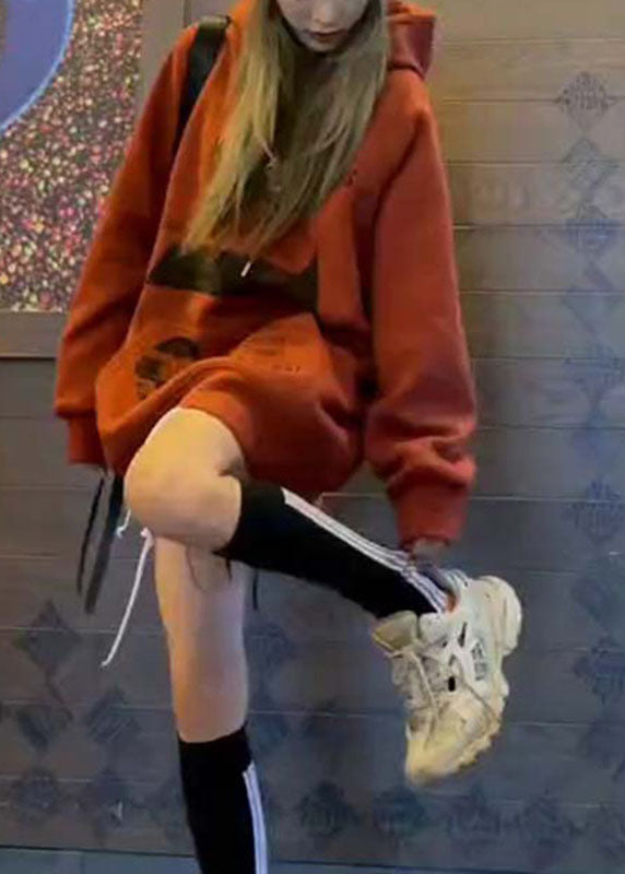 VCSHOES Brick Red hooded Pockets Print Fall Sweatshirt Street wear