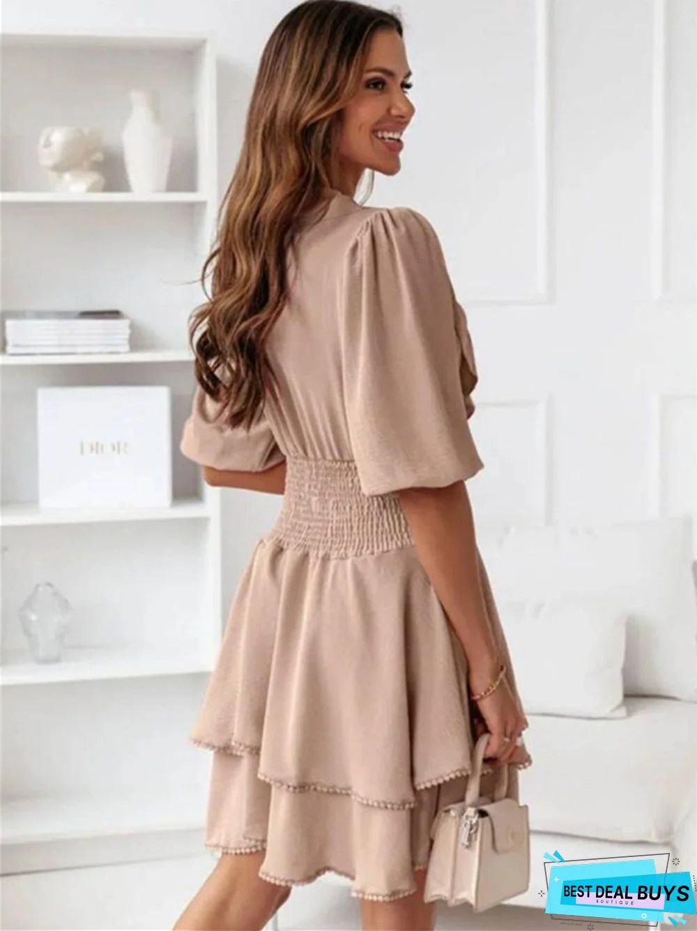 V-Neck Solid Color Ruffled Waist Short Sleeve Dress