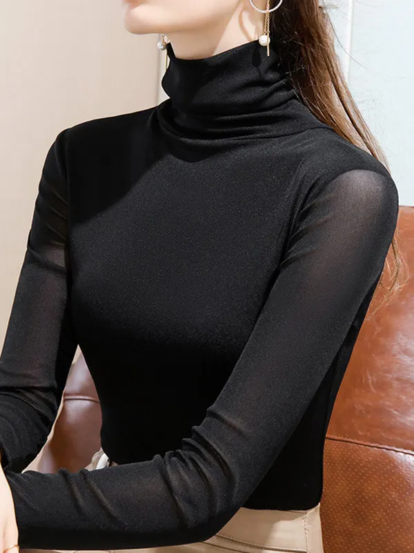 Split-Joint Solid Color Skinny Plus Size High Neck T-Shirts BLACK-VELVET-3XL