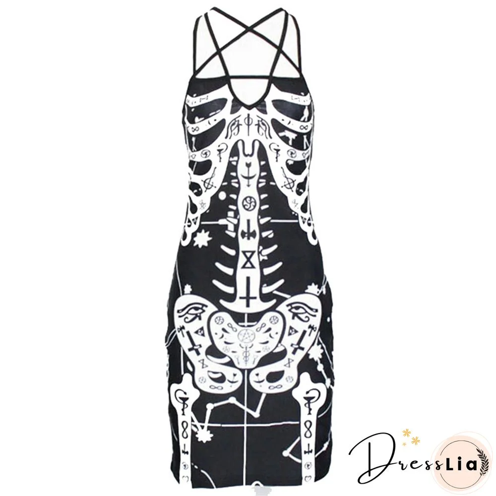 Goth Dress Summer Women Sleeveless Hollow Out Mini Dress Graphic Skeleton Print Clubwear Y2k Dark Academia Clothes