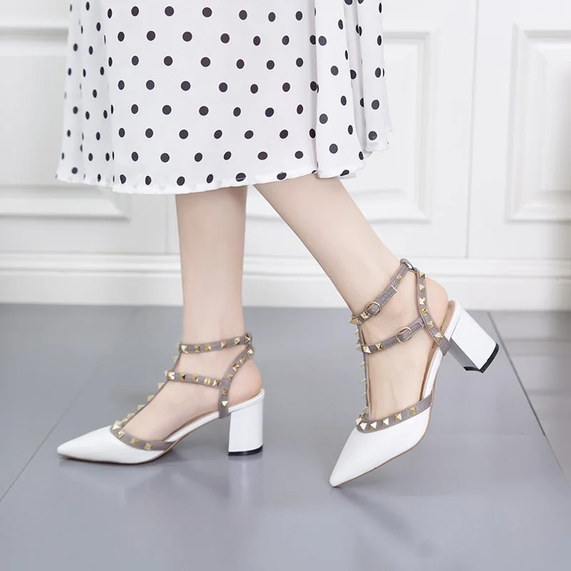 Women's Shoes 21 Summer Sandals Pointed Patent Leather Rivet Buckle Sandals Thick with Heel Wild Thin  Ladies Shoes and Sandals