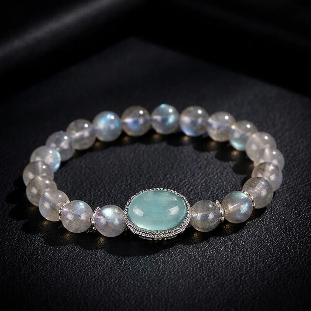 JiStones Serene Aquamarine & Mystic Moonstone Beaded Bracelet Mystic Grey & Azure Dewdrop
