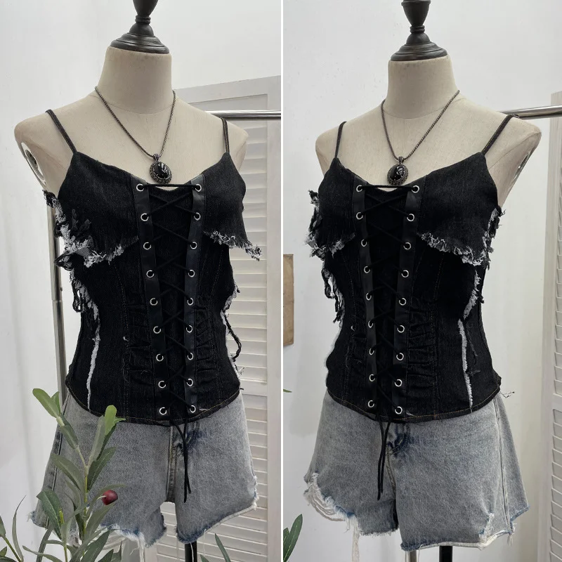 Nigikala Nigikala Shooting Cowboy Draw Rope Tie With Chest Vest Hair Side To Make Old Short Body Sleeveless Top Woman 2726
