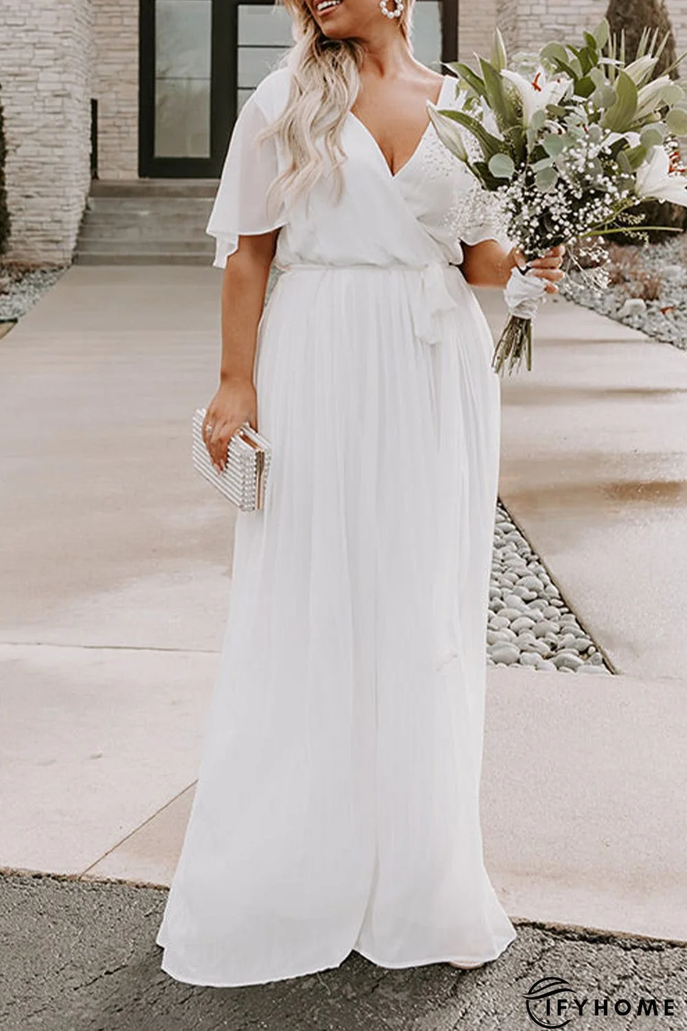 White Wrap V Neck Belted Plus Size Flowy Maxi Dress | IFYHOME