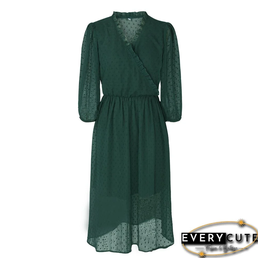 Green V Neck 3/4 Sleeve Slim Waist Chiffon Dress