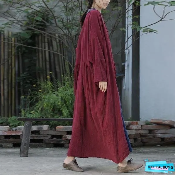 Women Vintage Cotton Linen Trench Patchwork New V-Neck Bat Sleeved Female Casual Trench Coats