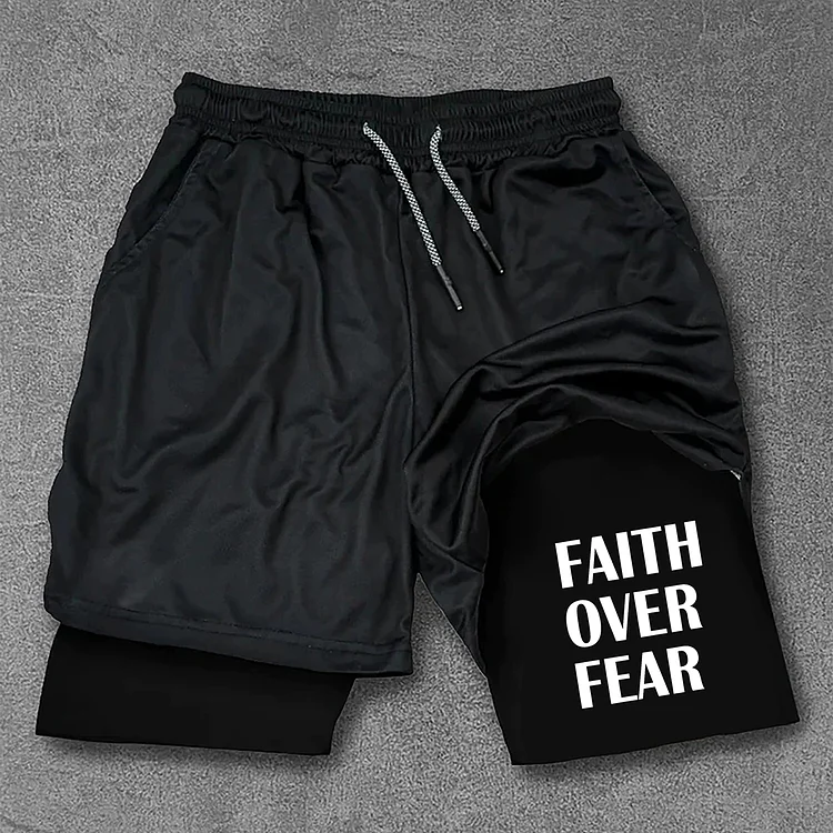 Faith Over Fear Print Drawstring Double Layer Gym Shorts