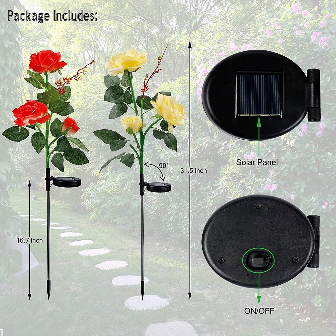 2 Packs Solar Rose Flower Stake Lights With 6 Rose Flowers