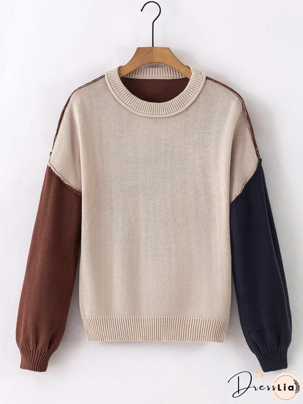 Brown Colorblock Bishop Sleeve Patchwork Rib Knit Sweater