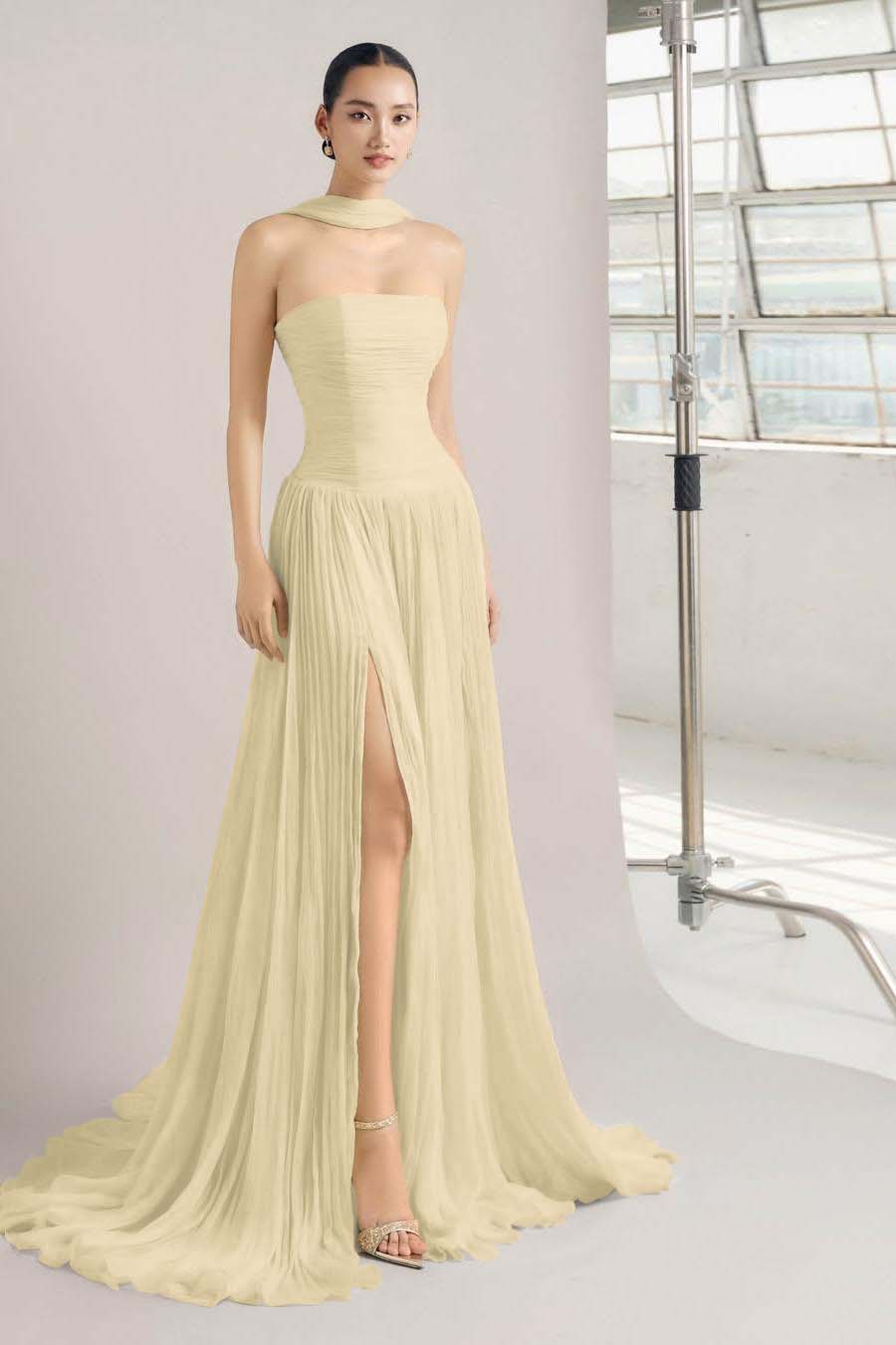 Oknass Strapless Sleeveless Long Split Prom Dress With Pleated Ruffles 