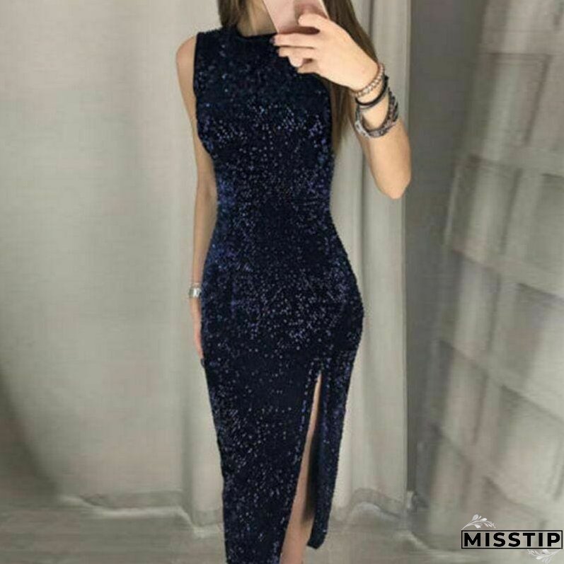 Eleagnt Women's Bodycon Sequin Glitter Midi Short Dress Sexy Lady Sleeveless Slim Split Evening Party Gown Dress