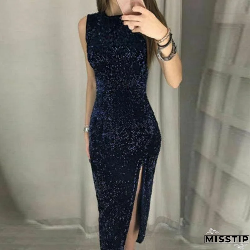 Eleagnt Women's Bodycon Sequin Glitter Midi Short Dress Sexy Lady Sleeveless Slim Split Evening Party Gown Dress
