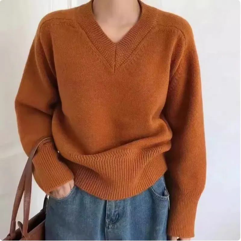 Brownm Brownm Temperament Gray V-Neck Knitted Shirt Women In Autumn To Hit The Bottom Of The High-End Feel Super Good-Looking Loose-Fitting Sweater Top