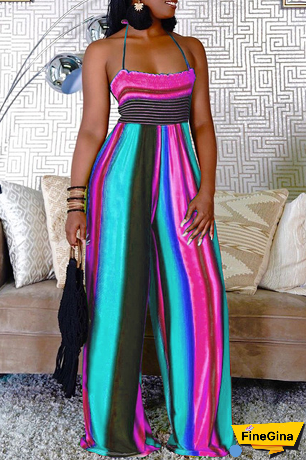 Pink Street Striped Draw String Halter Plus Size Jumpsuits